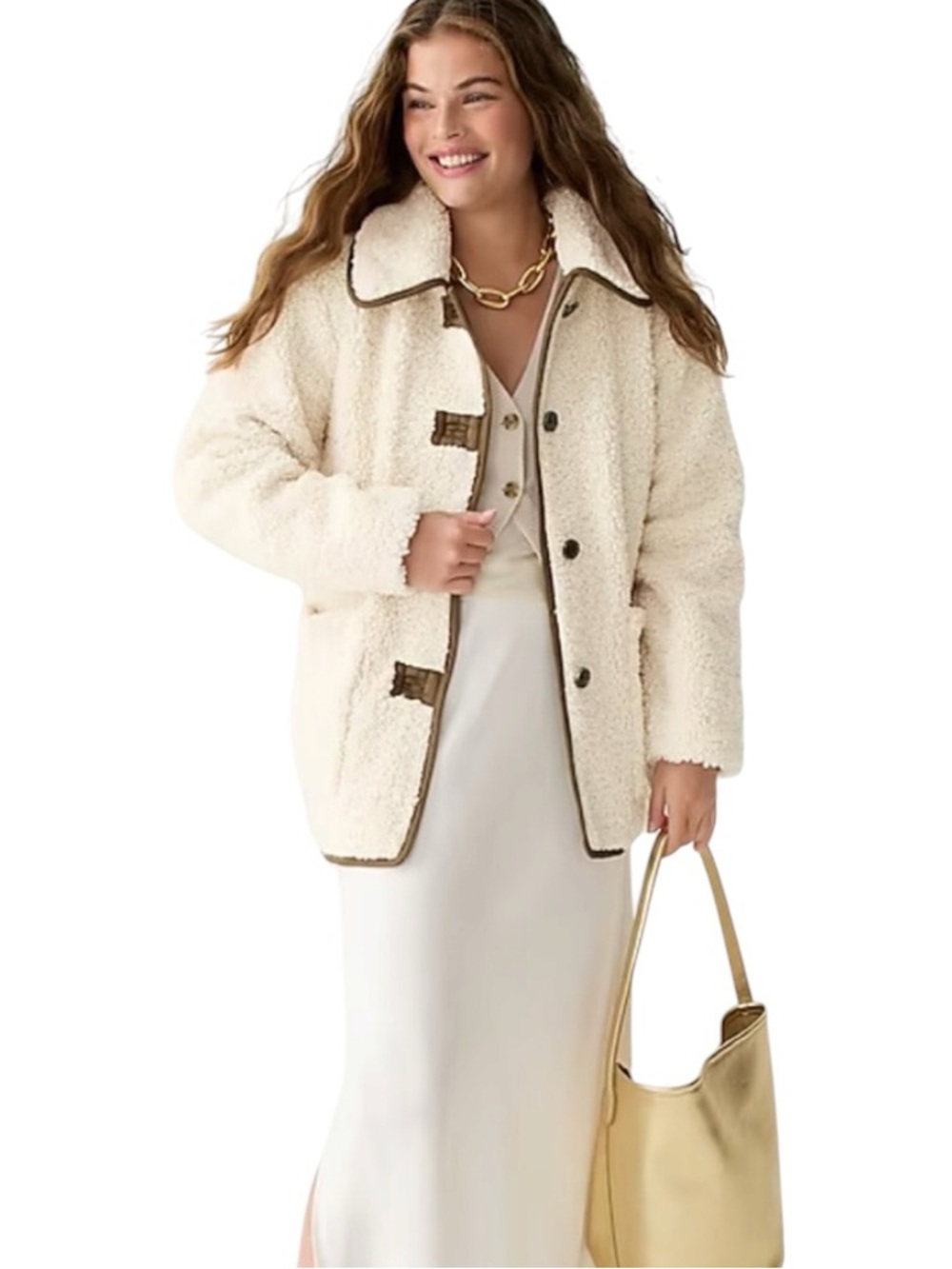 J.Crew - Teddy Sherpa Barn Coat Jacket Ivory Brown Trim Sz S